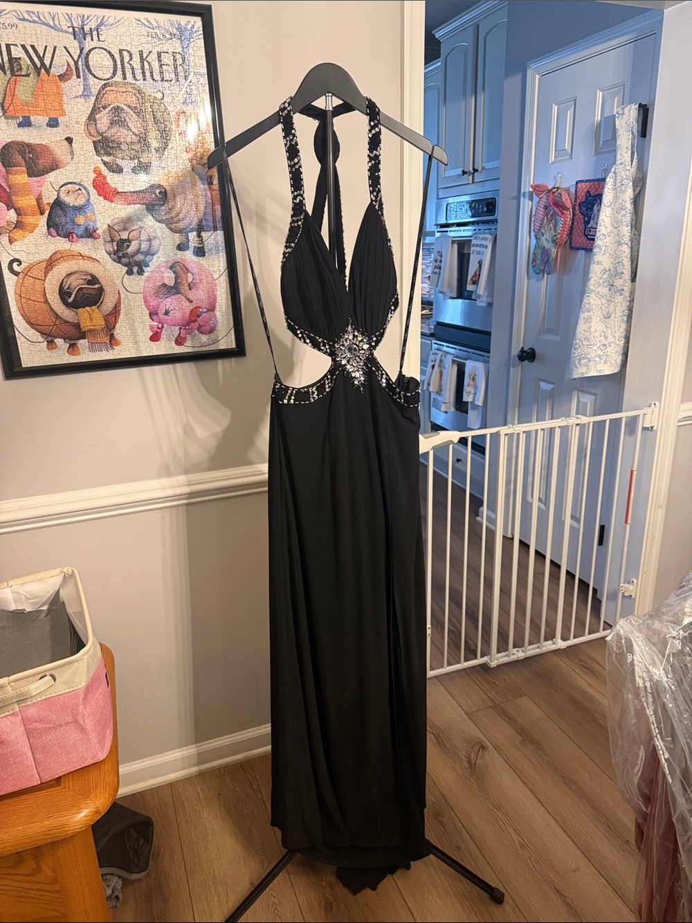 Source Unknown Black Halter Cutout Evening Gown with Crystal Embellishment